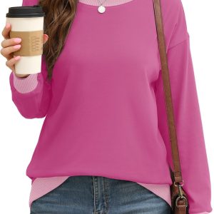 Sweatshirts for Women Crewneck Long Sve Loose Fit Tops Color Block Ribbed Trim Fashion 2024 - Image 2
